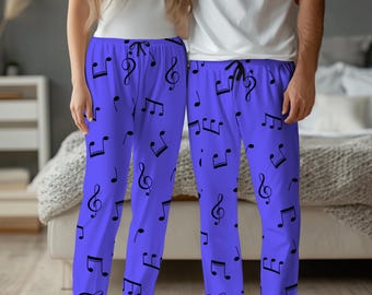 Music Notes Periwinkle Purple Pajama Pants, Matching Sleepwear for Women and Men, All Over Print PJ, Gift for Music Lover Teacher, Singer