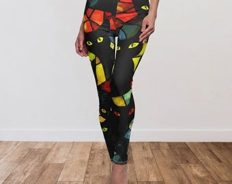 Stained Glass Black Cat Leggings, Gift for Cat Lover, Music Festival Bohemian Leggings, Goth Yoga Pants, Witchy Leggings