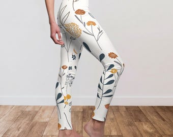 Scandi Boho Wildflower Leggings, Minimalist Gift for Women, Garden Lovers Yoga Pants