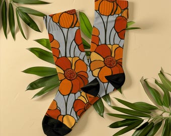 Socken mit Herbstblumenmuster, Unisex, rostorange und bernsteinfarbene Mosaik-Socken mit Blumenmuster, herbstliches Geschenk in gebranntem Orange für Sie