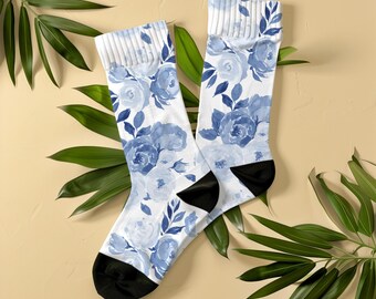 Blauw-witte sokken met bloemenprint, unisex, Chinoiserie botanische sokken, artistiek cadeau voor vrouwen en kunstliefhebbers, vintage kunstsokken