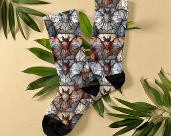 Stained Glass Bats Socks, Unisex Halloween Spooky Crew Socks, Gothic Mosaic Gift for Bat Lover