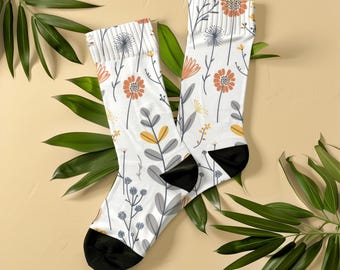 Scandi Boho Wildflower Socks, Unisex, Minimalist Crew Socks, Gift for Women, Flower Lovers