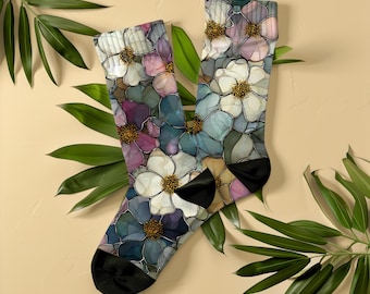 Calcetines florales con diseño de vitrales, unisex, elegante estampado botánico, regalo artístico para mujeres y amantes del arte, calcetines de arte vintage.