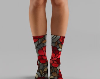 Glasmalerei-Rosensocken, Unisex-Rot-Blumensocken für sie, Romantische Dunkle Blumensocken für Freundin Frau Mutter, Geschenk zum Valentinstag