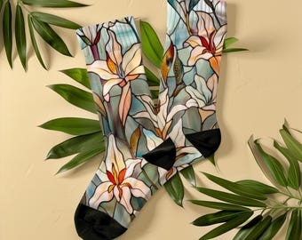 Elegante glas-in-lood sokken lelie, uniseks, botanische elegante art-deco sokken, cadeau voor vrouwen, bloemenliefhebbers, tuinders, art nouveau-mozaïek