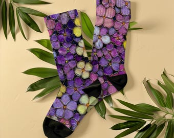 Stained Glass Hydrangea Socks, Unisex, Purple Yellow Floral Art Socks Gift for Girlfriend Wife Mom, Vibrant Flower Cottagecore Socks