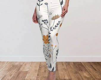 Scandi Boho Wildflower Leggings, Minimalist Gift for Women, Garden Lovers Yoga Pants