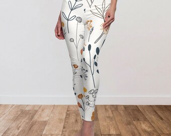 Scandi Boho Wildflower Leggings, Minimalist Gift for Women, Garden Lovers Yoga Pants