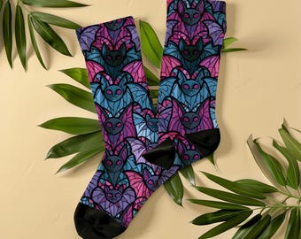 Stained Glass Bats Socks, Unisex Halloween Spooky Crew Socks, Gothic Mosaic Fantasy Reader Gift