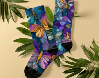 Calcetines unisex con diseño de mariposas y vitrales, con diseño de mariposas azules y moradas, regalo artístico para mujeres y amantes del arte, calcetines con arte vintage.