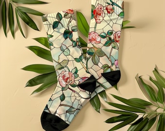 Romantische Glasmalerei-Socken-Rosenreben-Blumenkunstsocken, Unisex, Pastellmosaik-Socken für Freundin Frau Mutter, Geschenk zum Valentinstag