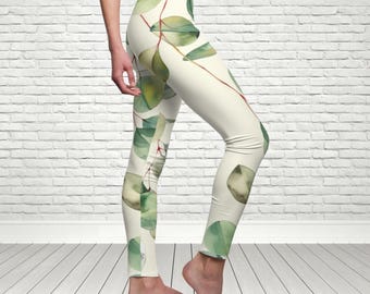 Watercolor Eucalyptus Leggings, Zen Activewear, Earthy Sage and Teal Yoga Pants, Gift for Women, Artistic Mindful Yoga Pants, Organic Nature