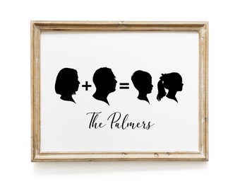 Puede incluir: Una impresión enmarcada con siluetas negras de una familia de cuatro. Las siluetas están dispuestas en línea con un signo más entre las dos primeras y un signo igual entre las dos últimas. El texto "The Palmers" está escrito debajo de las siluetas.