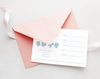 Puede incluir: Un vale de regalo con un sobre rosa claro. El certificado tiene siluetas azules y líneas para la información del destinatario. El texto en el certificado dice "JESSICA BEAVER CREATIVE SILHOUETTES PAINTINGS PAPER GOODS".