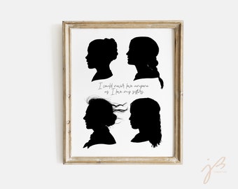 Puede incluir: Impresión en silueta en blanco y negro de cuatro perfiles de mujeres con el texto "Nunca podría amar a nadie como amo a mis hermanas".
