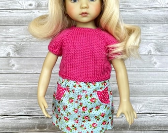 Blue and pink floral pocket skirt for 13 inch Little Darling Dolls