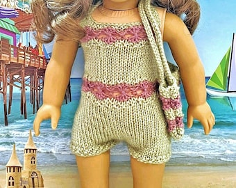 Green and lavender hand-knit swimsuit and bag for 18 inch dolls