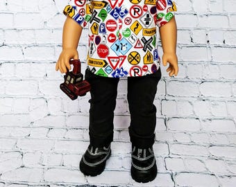 Traffic sign button up shirt oversize for 18 inch dolls
