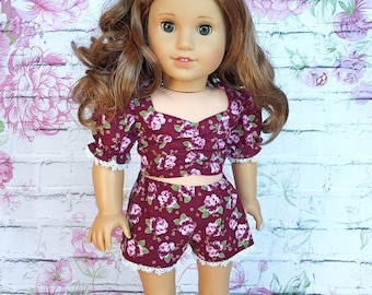 Burgundy and Pink floral two piece shorts and top for 18 inch dolls