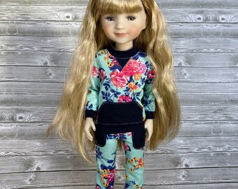 Aqua blue floral and navy track suit for 14-15 inch dolls