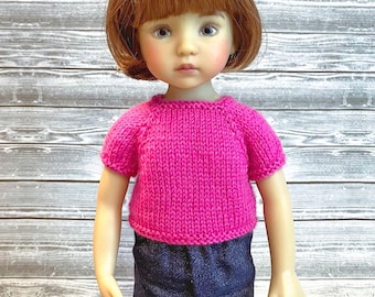 Pink hand-knit short sleeve sweater made to fit 13 in Little Darling Dolls