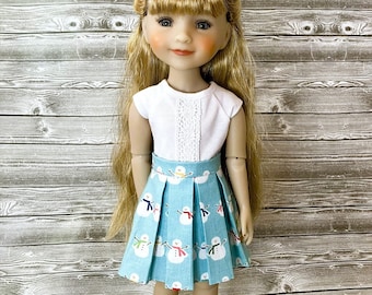 Blue Snowman Pleated Doll Skirt for Ruby Red Fashion Friend Dolls