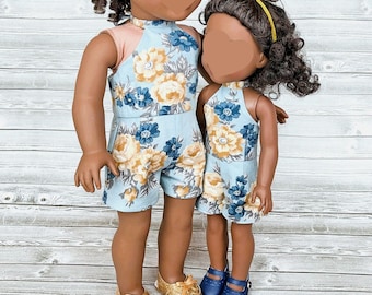 Floral Doll Rompers – Slate Blue, Fits 18-inch & 14-inch Dolls