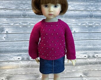 Burgundy beaded hand-knit long sleeve sweater made to fit 13 in Little Darling Dolls