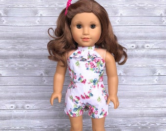 White and pink floral front ruffle romper for 18 inch dolls