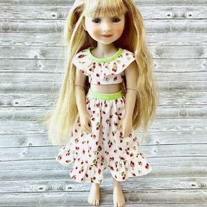 Strawberry print and green gingham ruffle top and skirt set for 14-15 inch dolls