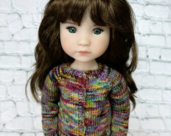 Hand-knit variegated rainbow cardigan sweater, Fits 14-15 inch Dolls