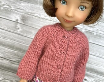 Rose pink hand-knit cardigan sweater made to fit 12 inch Siblies dolls