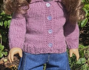 Doll Cardigan Sweater: light plum button up hand-knit sweater made for 18 inch dolls