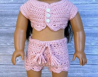 Hand-crochet rose pink top and shorts set for 18 inch dolls
