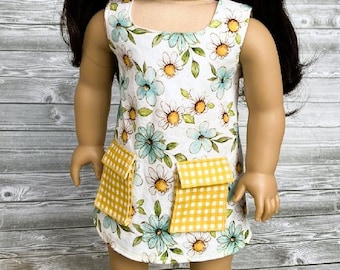Blue floral and yellow gingham doll jumper dress for 18 Inch Dolls