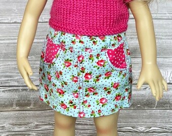 Blue and pink floral pocket skirt for 13 inch Little Darling Dolls