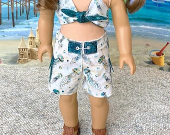 Turquoise & Jellyfish  bikini top with matching boardshorts for newer 18 inch dolls