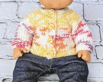 Yellow colorful hand-knit button up sweater made to fit the 8 inch baby doll