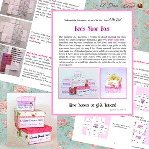 May include: A Bee Line's Shoe Box pattern guide for making shoe boxes. The guide includes instructions, templates, and labels for creating standard and mid-size boxes. The guide also includes a pink ruler and a pink bee logo.