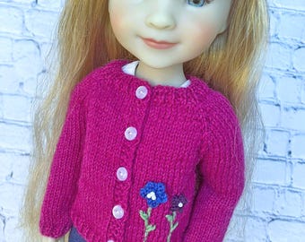 Hand-Knit Doll Cardigan, Mulberry Floral Sweater, Fits 14-15 inch Dolls