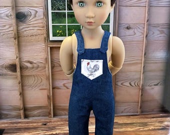 Denim chicken pocket overalls made to fit A Girl for All Times dolls