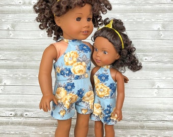 Slate blue and Mustard floral rompers for sister dolls - 18 inch and 14 inch doll rompers
