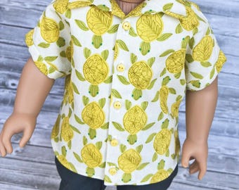 18 Inch Doll Shirt – Yellow Turtle Cotton Button-Up