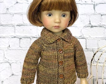 Hand-Knit Brown Cardigan Sweater for 12-13 Inch Dolls (Little Darling, Siblies)