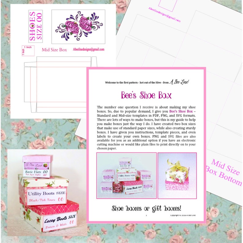 May include: A printable template for making shoe boxes. The template includes instructions and labels for creating two sizes of boxes: standard and mid-size. The template is available in PDF, PNG, and SVG formats. The text on the page reads "Bee's Shoe Box".