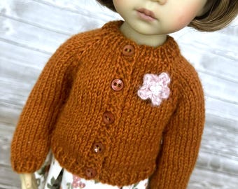 Hand-Knit Rust Cardigan with Flower, 13" Little Darling Doll Clothes