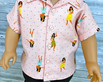 18 Inch Doll Shirt – Pink Hula Girls Cotton Button-Up