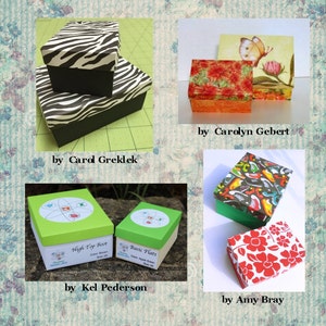 May include: Four different decorated boxes with various designs. The boxes are made of cardboard and have a variety of colors and patterns. The boxes are labeled with the names of the artists who created them. The boxes are all approximately 4 inches by 4 inches in size.