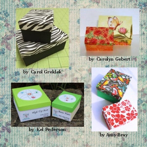 May include: Four different decorated boxes, each with a unique design. The boxes are made of cardboard and have a variety of patterns, including zebra stripes, floral designs, and geometric shapes. The boxes are all closed and are sitting on a variety of surfaces, including a table, a shelf, and a piece of wood.